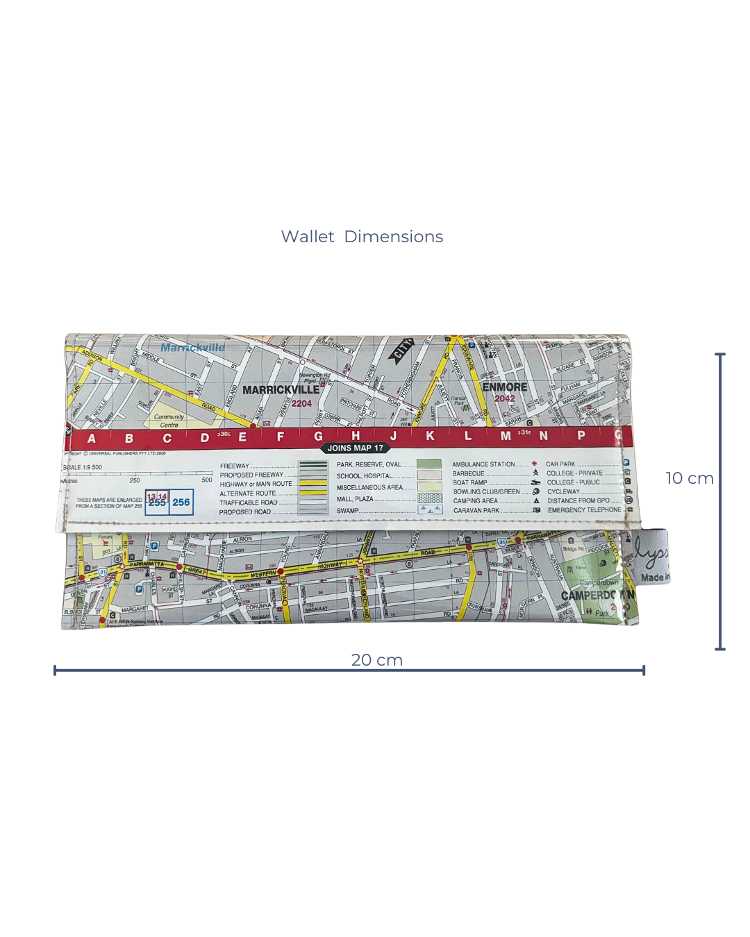 Map wallet with dimensions on a white background