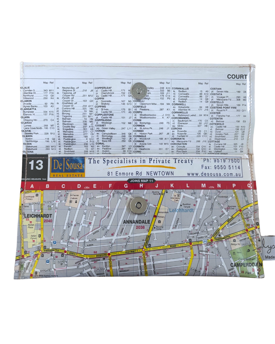 Sydney wallet with a map design and text on a white background