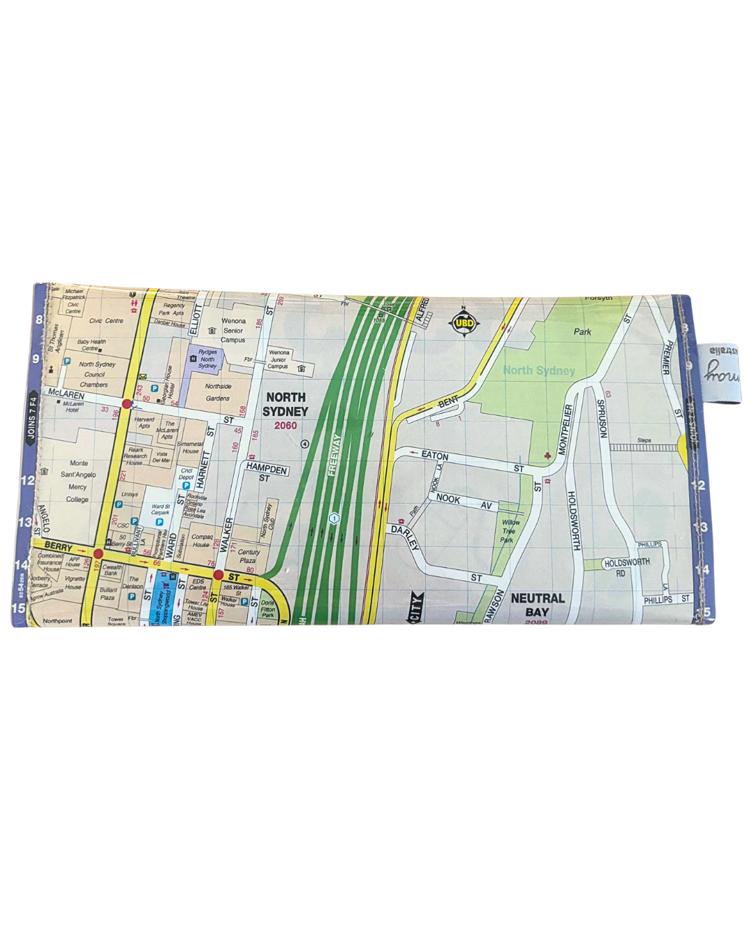 back view of a lyssymay map wallet with roads and landmarks on a white background