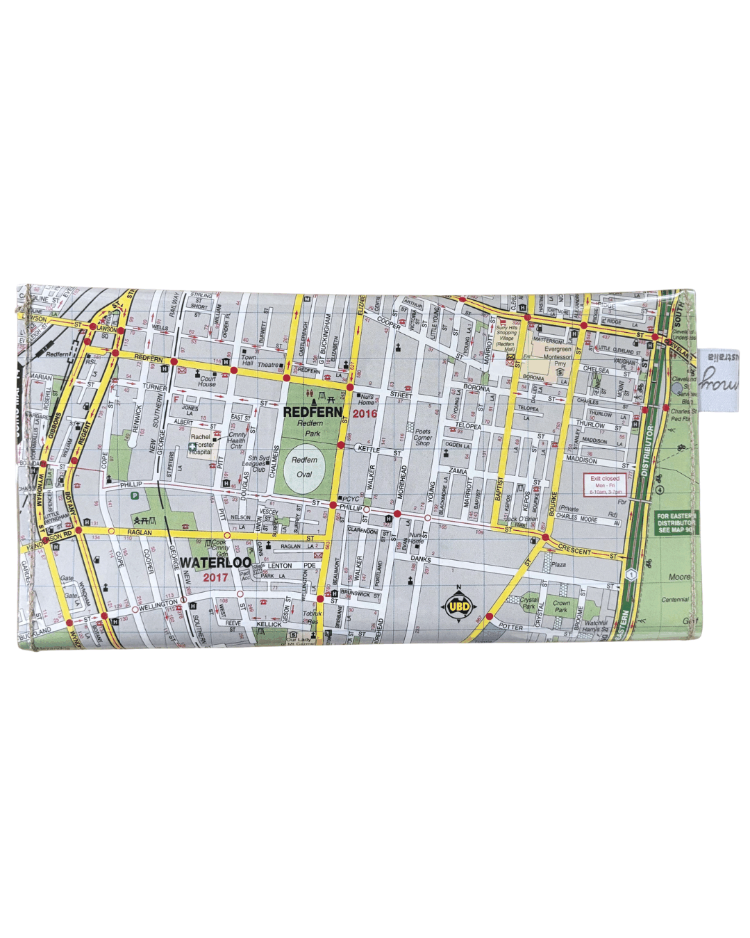 Map-patterned wallet backview on a white background