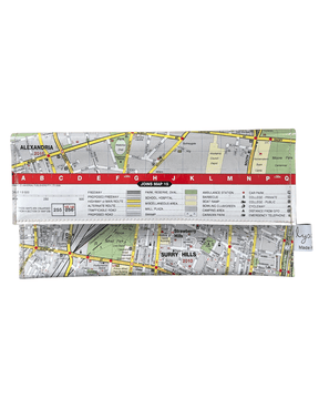 Recycled street map wallet featuring Sydney suburbs Surry Hills, Redfern, Alexandria, and Waterloo design
