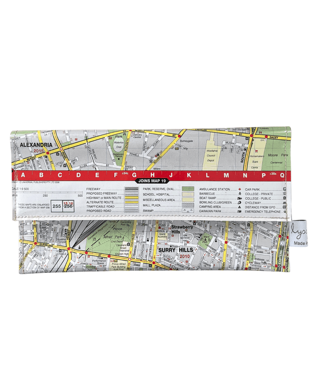Recycled street map wallet featuring Sydney suburbs Surry Hills, Redfern, Alexandria, and Waterloo design