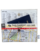 Map wallet with taxi company branding and map design on a white background