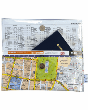 Recycled Street Map Wallet featuring Sydney Central Station, Surry Hills, and Darlinghurst map details