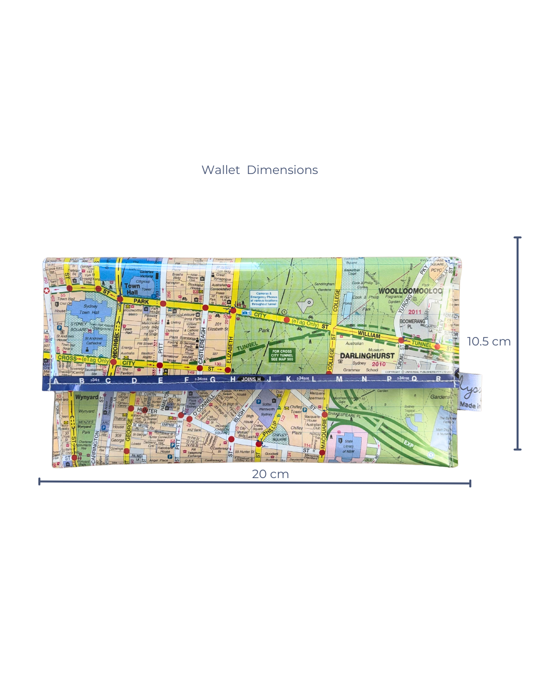 Recycled Street Map Wallet - Lyssy May Handmade Wallet recycled map of Sydney Hyde Park, Central Station, Town Hall