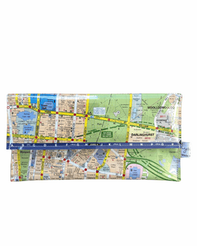Recycled street map wallet featuring Sydney Hyde Park and Central Station design made from 2008 street directory pages