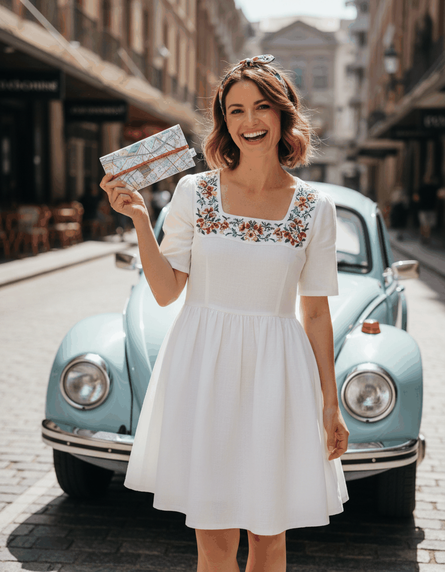 Woman in a white dress with floral embroidery holding a lyssymay street map wallet, standing in front of a vintage car on a street.