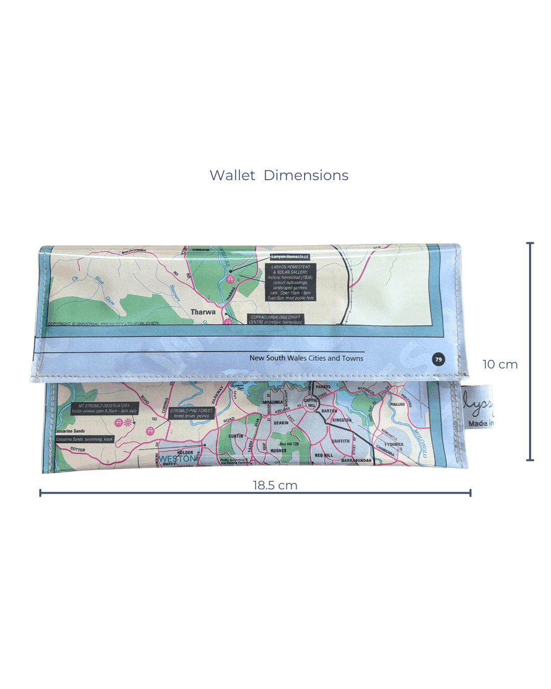 Recycled Map Wallet by LyssyMay canberra suburbs showing dimensions of 18.5 cm wide by 10 cm high.