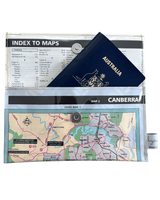 Recycled street map wallet featuring Canberra and southern suburbs with clear PVC protection and magnetic closure