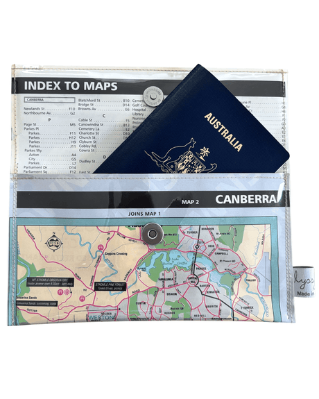 Recycled street map wallet featuring Canberra and southern suburbs with clear PVC protection and magnetic closure