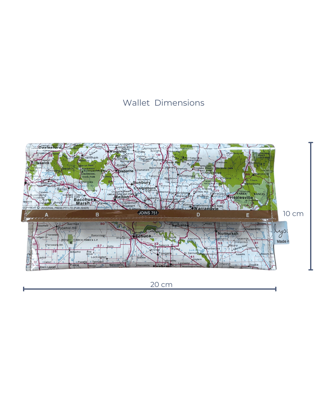 Lyssy May wallet using map of Central Northern Victoria with a clear plastic cover displaying text and a map of Australia. Front view with dimensions of 20 cm by 10 cm.