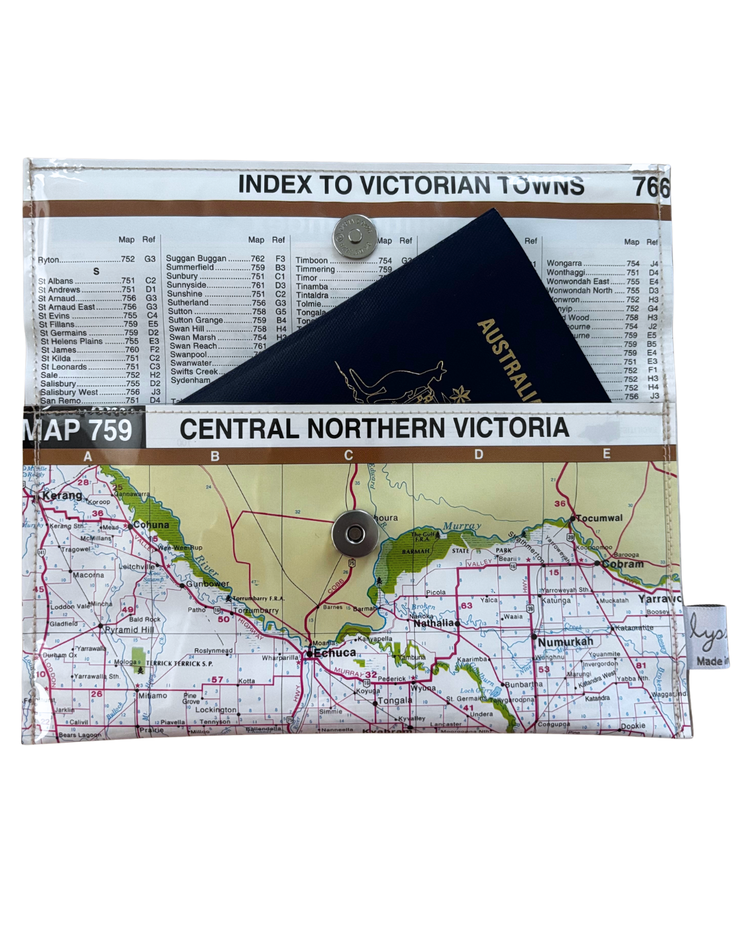 Recycled street map wallet featuring Central Northern Victoria towns Bendigo, Shepparton, and Echuca with clear PVC cover and magnetic closure