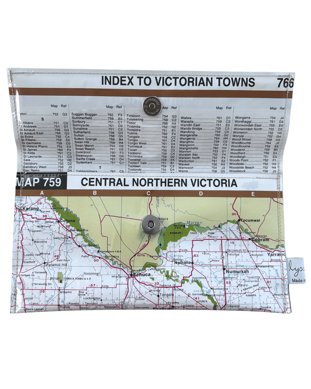 Lyssy May wallet using map of Central Northern Victoria with a clear plastic cover displaying text and a map of Australia. Magnetic clip closure. Inside view with index to Victorian towns lining.