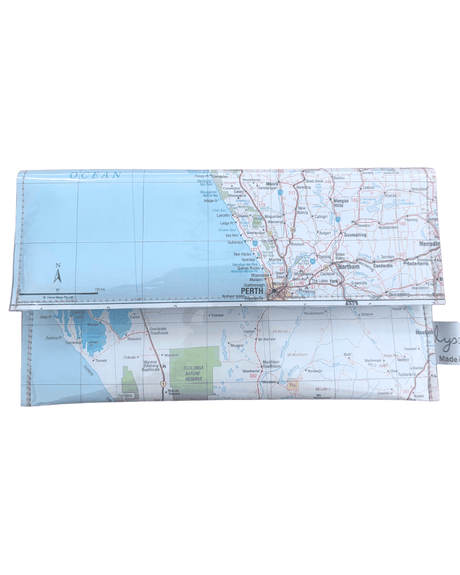 Map-patterned wallet on a white background