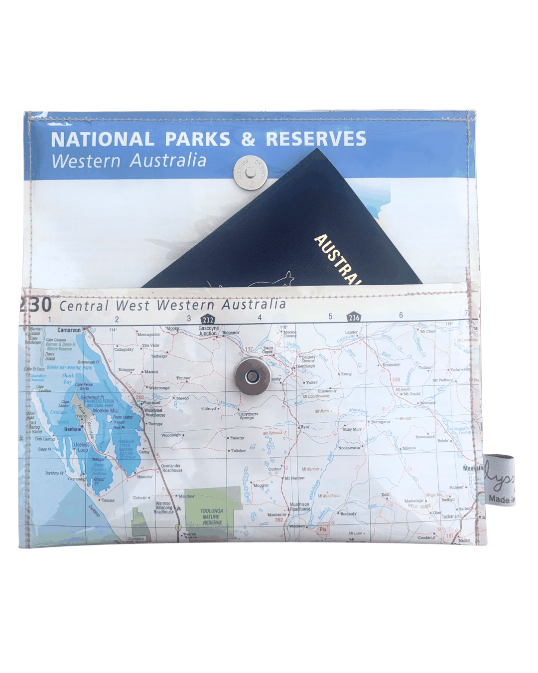 Recycled Map Wallet featuring Central-West Western Australia map from 2008 touring directory, handmade with magnetic clip closure