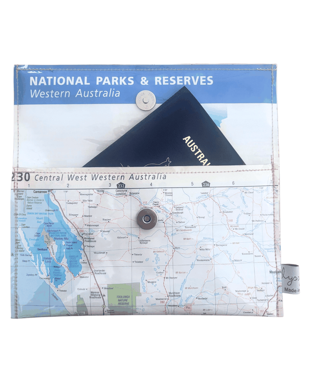 Recycled Map Wallet featuring Central-West Western Australia map from 2008 touring directory, handmade with magnetic clip closure