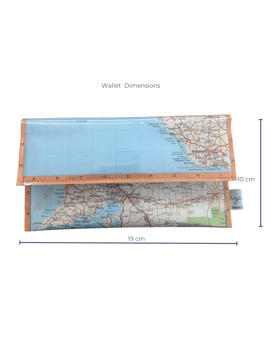 Map-patterned wallet with dimensions on a white background