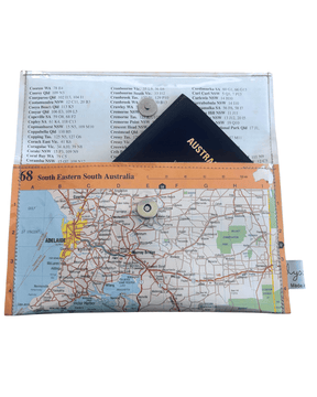 Recycled Map Wallet featuring South Eastern South Australia map with magnetic closure and clear PVC protection