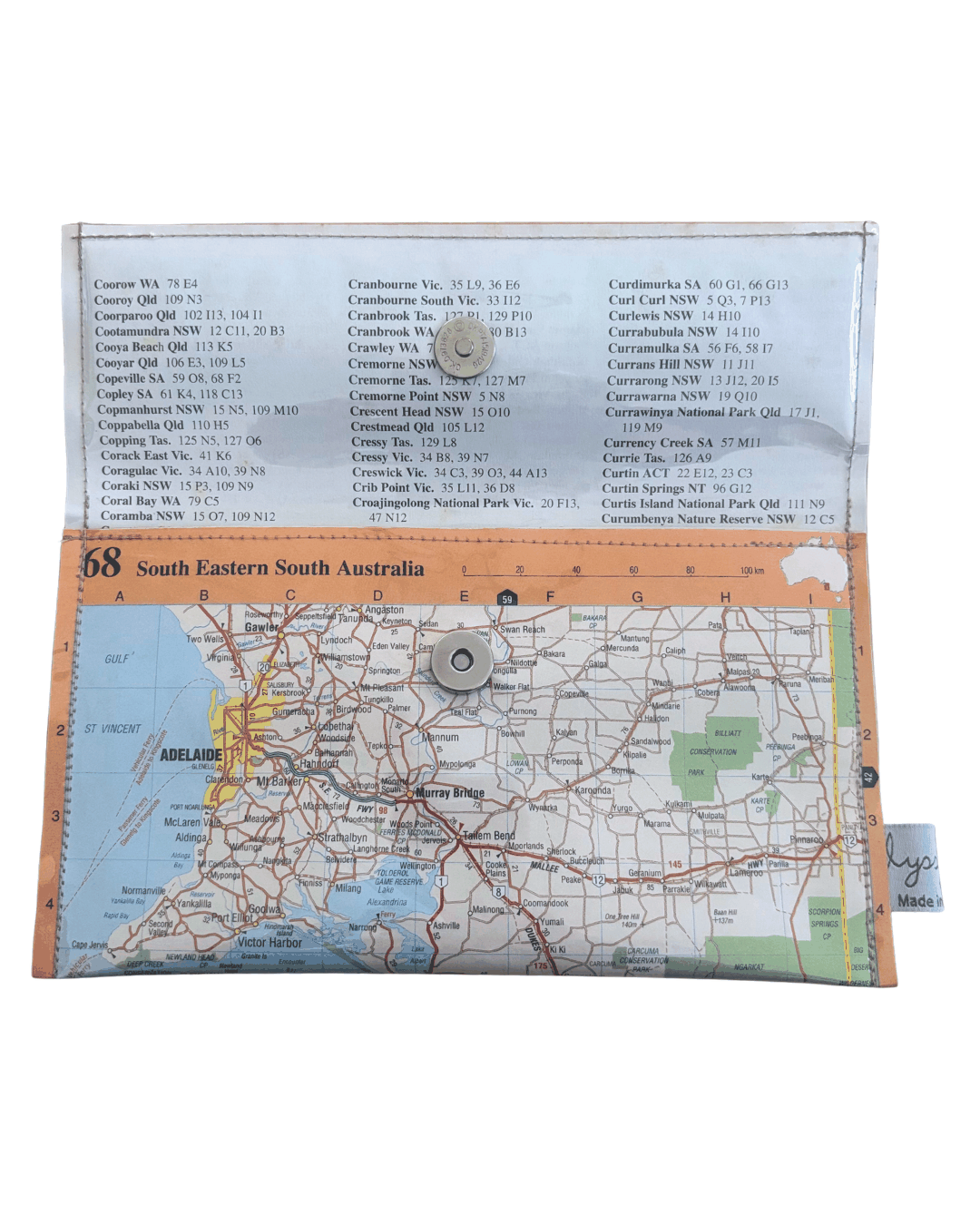 Wallet Map of South Eastern South Australia with a clear plastic cover and orange border.