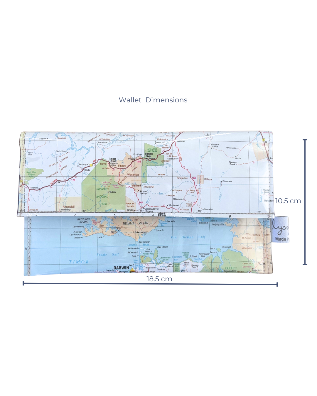 Map wallet with dimensions labeled on a white background