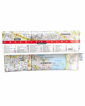 Recycled street map wallet featuring Sydney suburbs Elizabeth Bay and Kings Cross with clear PVC cover and magnetic closure
