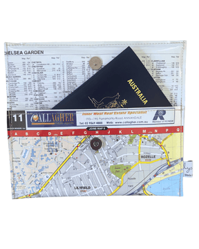 Recycled street map wallet featuring Sydney suburbs Lilyfield, Rozelle, Annandale, and Leichhardt, handmade with clear PVC and magnetic clip closure