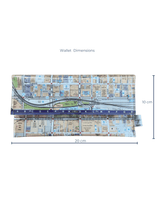 Handmade wallet with map design and dimensions on a white background. 20 cm wide by 10 cm high