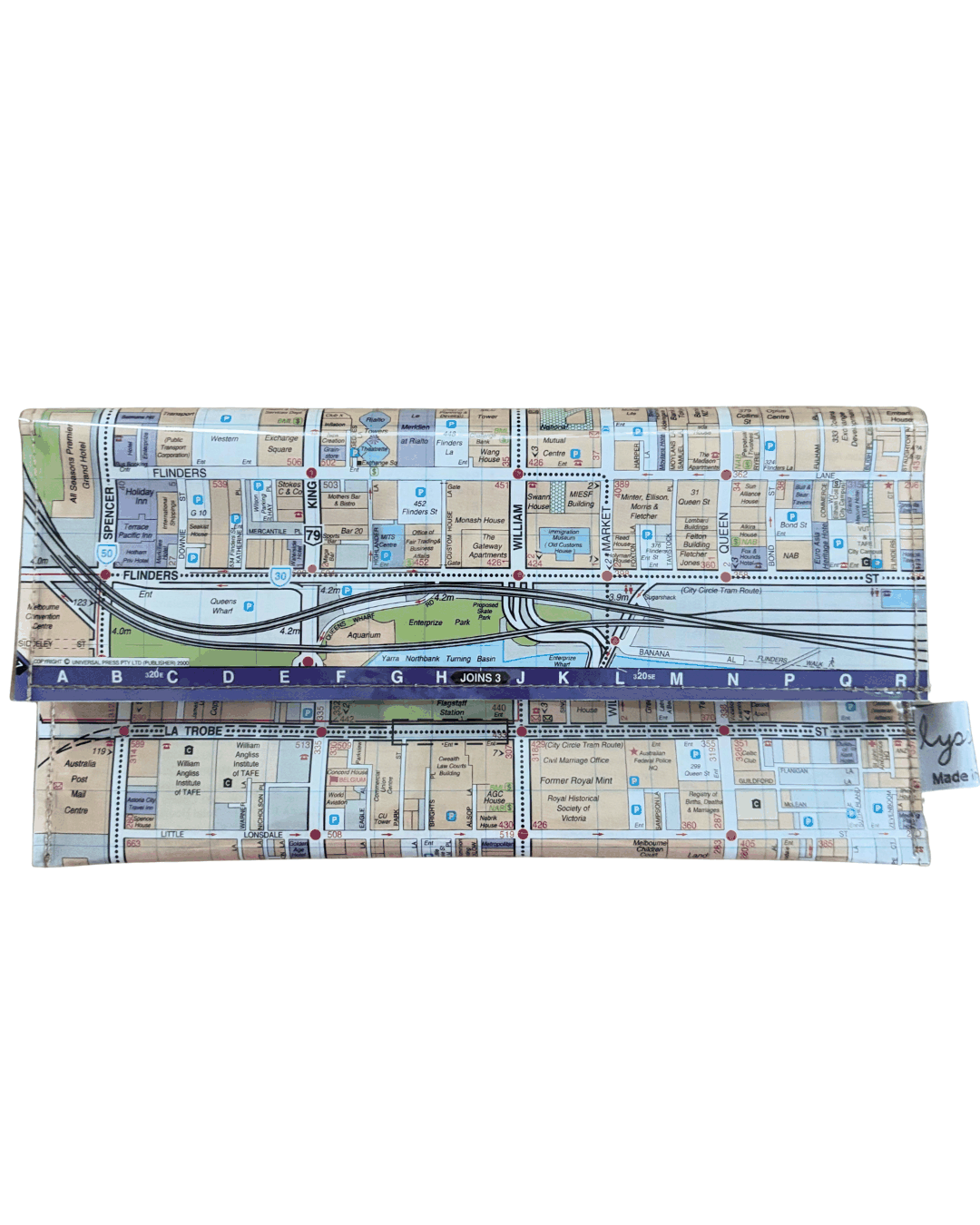 handmade wallet with map design of Melbourne on a white background
