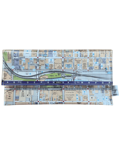 handmade wallet with map design of Melbourne on a white background