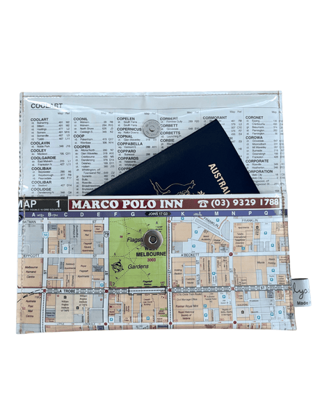 Recycled street map wallet featuring Melbourne city streets Spencer, Queen, La Trobe, and Flinders with clear PVC cover and magnetic closure