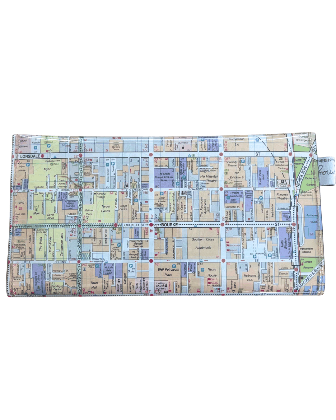 Back view of handmade map wallet featuring Melbourne by Lyssy May Australia