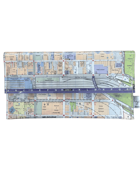 Recycled street map wallet featuring Melbourne city streets and Carlton Gardens design
