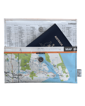 Recycled street map wallet featuring Moreton Bay suburbs from original Brisbane UBD map pages, clear PVC covered and stitched, magnetic closure.