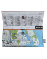 Recycled street map wallet featuring Moreton Bay suburbs from original Brisbane UBD map pages, clear PVC covered and stitched, magnetic closure. Inside view with index page lining.