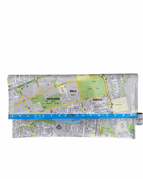 Recycled Street Map Wallet made from Brisbane UBD street directory featuring Oxley, Inala, Durack, and nearby suburbs, with magnetic closure.