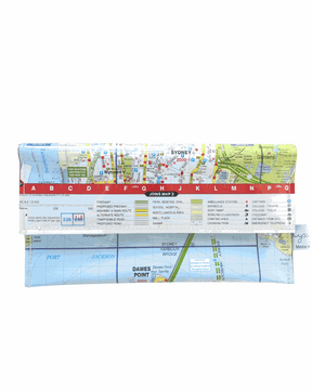 Recycled street map wallet featuring Sydney Harbour Bridge and Opera House design, handmade in Australia