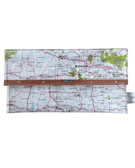 Recycled Map Wallet - Regional Victoria including Ballarat, Bendigo, Stawell