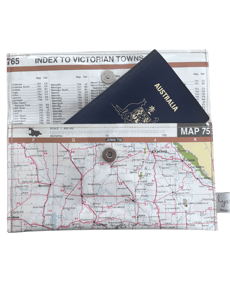 Recycled street map wallet featuring Regional Victoria towns Ballarat Bendigo Stawell made from vintage Melbourne map pages