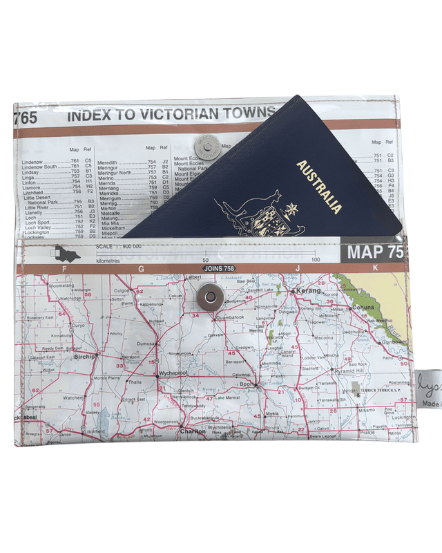 Recycled street map wallet featuring Regional Victoria towns Ballarat Bendigo Stawell made from vintage Melbourne map pages