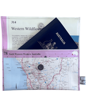 Recycled map wallet made from 1995 Explore Australia map featuring South West WA and wildflowers design