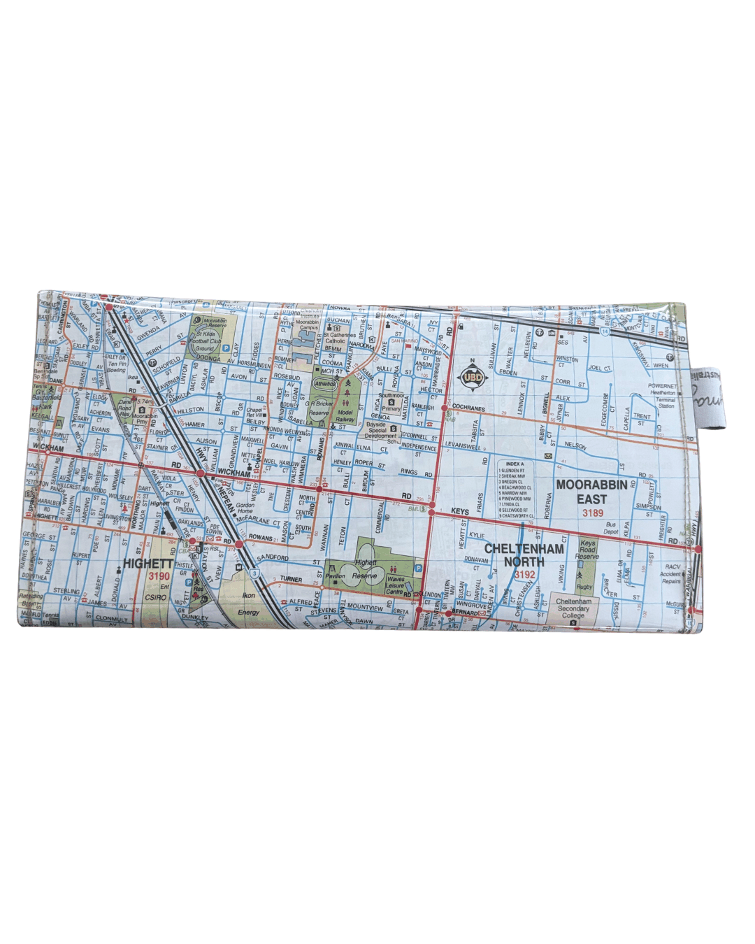 Recycled Map Wallet by LyssyMay Melbourne suburbs including Bentleigh. Back view of wallet.