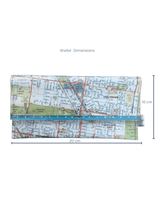 Recycled Map Wallet by LyssyMay Melbourne suburbs including Bentleigh. Front view of wallet with dimensions of 20 cm by 10 cm.