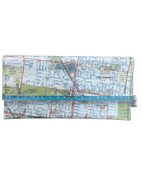 Recycled Map Wallet by LyssyMay Melbourne suburbs including Bentleigh. Front view of wallet which folds over.