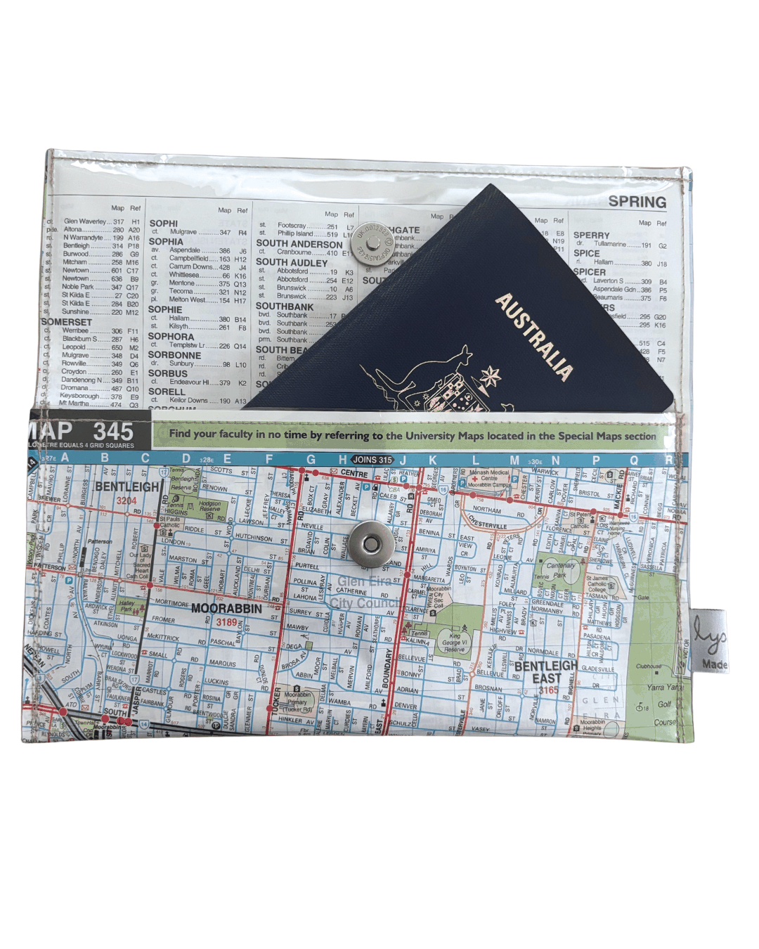 Recycled Map Wallet by LyssyMay Melbourne suburbs including Bentleigh. Inside view of lining with magnetic clip and illustrates how a passport fits inside the wallet.