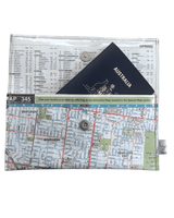 Recycled Map Wallet by LyssyMay Melbourne suburbs including Bentleigh. Inside view of lining with magnetic clip and illustrates how a passport fits inside the wallet.