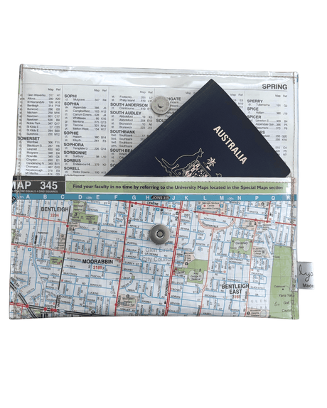 Recycled Map Wallet by LyssyMay Melbourne suburbs including Bentleigh. Inside view of lining with magnetic clip and illustrates how a passport fits inside the wallet.