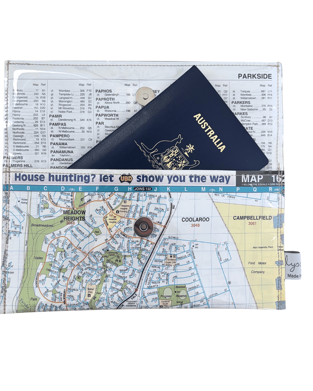 Recycled street map wallet featuring Melbourne suburbs Broadmeadows, Meadow Heights, and Coolaroo with clear PVC cover and magnetic clip closure