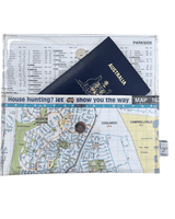 Recycled street map wallet featuring Melbourne suburbs Broadmeadows, Meadow Heights, and Coolaroo with clear PVC cover and magnetic clip closure