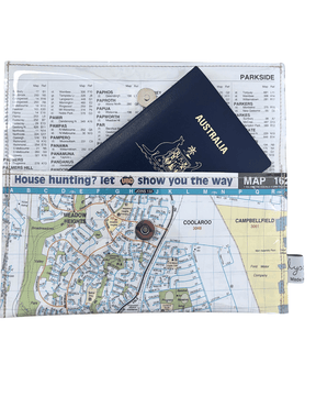 Recycled street map wallet featuring Melbourne suburbs Broadmeadows, Meadow Heights, and Coolaroo with clear PVC cover and magnetic clip closure