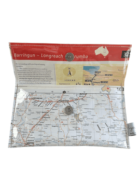 Recycled Map Wallet featuring Central Western Queensland road map with magnetic clip, handmade from 2008 Gregory 4WD Touring Australia Directory pages